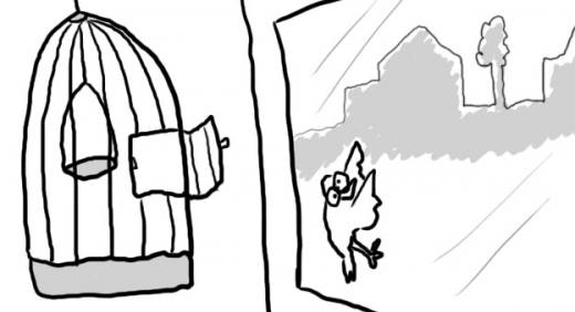 Tecknad bild av en fgel som flygit ut ur sin bur.